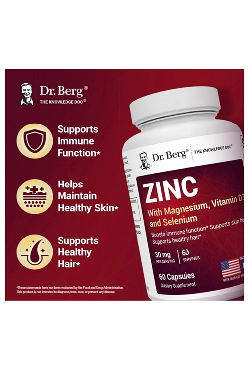 Dr. Berg Zinc 30mg Enhanced with Magnezium, Vitamin D3, Selenium, & Copper - Zinc  for Men & Women - Chelated Zinc for Immune, Skin, Hair, & Nails Support* - 60 Capsul.Abd Menşei.47.