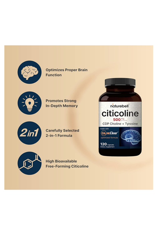 NatureBell Citicoline  CDP Choline, Citicoline 500mg Plus Tyrosine 50mg Per Serving, Optimized Dosage, 120 Capsules, 2 in 1 Formul.Abd Menşei.54