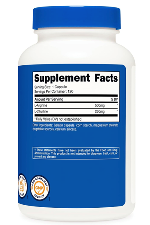 Nutricost L-Arginine L-Citrulline Complex 750mg, 120 Capsules.Abd Menşei.36.