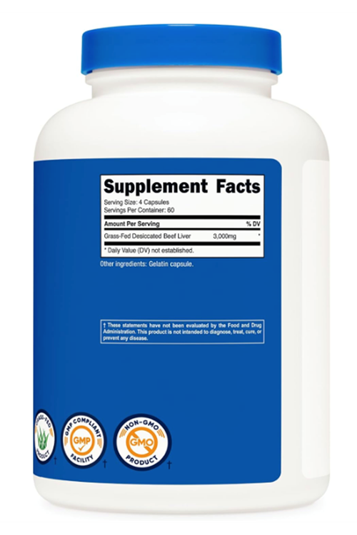 Nutricost Grass Fed Desiccated Beef Liver 3000mg Per Serv (750mg Per Cap), 240 Capsul 60 Servings.Abd Menşei