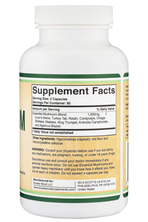 Double Wood Mushroom Max Blend  1,000mg  120 Capsul Top 10 USA Grown Mushrooms (Lion's Mane, Reishi, Cordyceps, and More).