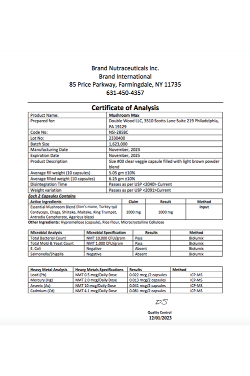 Double Wood Mushroom Max Blend  1,000mg  120 Capsul Top 10 USA Grown Mushrooms (Lion's Mane, Reishi, Cordyceps, and More).