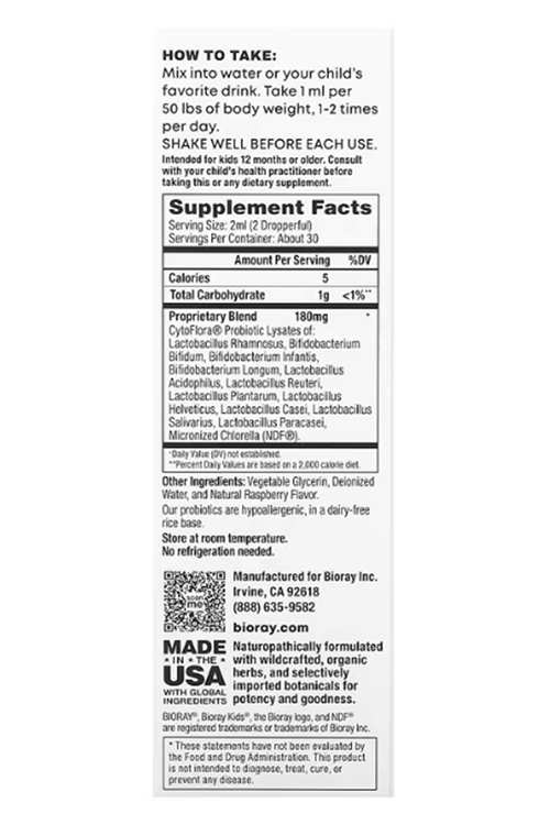 Bioray Kids NDF Tummy 11-Strain Probiotic Blend, Raspberry 2 fl oz (60 ml).Abd Menşei