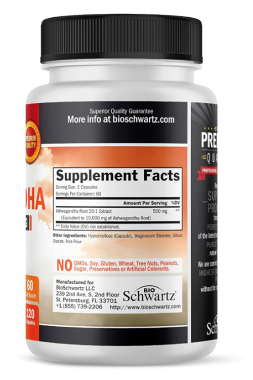 BioSchwartz  Pıremıum Ashwagandha  Ultra Pure  500mg  120 Veggie Capsul.Abd Menşei.37.