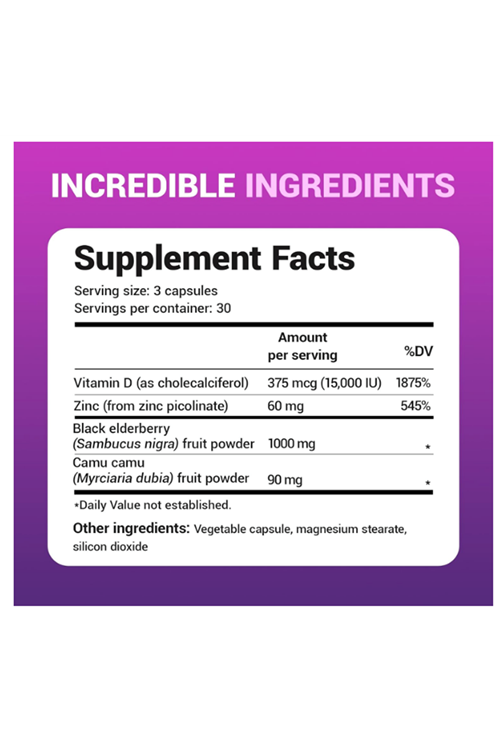 Dr. Berg Black Elderberry  15,000 IU Vitamin D, 60 mg of Zinc, & 90 mg of Camu Camu - (4-in-1) Sambucus Elderberry Immune Support - 90 Capsules.Abd Menşei.53