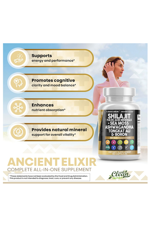 Clean Nutraceuticals Shilajit for Men with Sea Moss, Tongkat Alı,, Boron, Zinc, CoQ10, PQQ - Fulvic Acid 90 Capsules.Abd Menşei