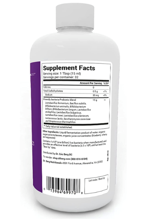 Dr. Berg's Friendly Probiotic Liquid Supplement Drink Mix w/ 12 Live Probiotics Strains.500ML 32 Servis