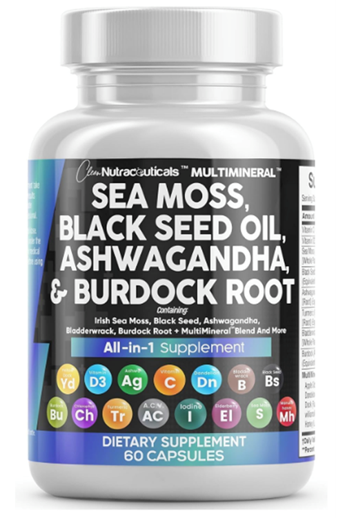 Clean Nutraceuticals (Özelsporcugıdaların'dan !!) Sea Moss Black Seed Oil 60 Capsul Turmeric Bladderwrack Burdock  Vıtamın C Vıtamın D3 Elderberry Manuka Dandelion Yellow Dock Iodine.Abd Menşei.