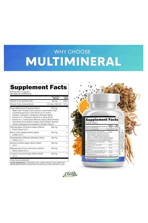 Clean Nutraceuticals Sea Moss Black Seed Oil Turmeric Bladderwrack Burdock & Vıtamın C Vıtamın D3 with Elderberry Manuka Dandelion Yellow Dock Iodine.60 Capsul.Abd Menşei