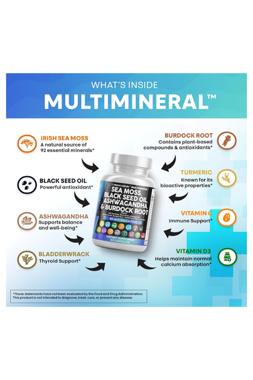 Clean Nutraceuticals Sea Moss Black Seed Oil Turmeric Bladderwrack Burdock & Vıtamın C Vıtamın D3 with Elderberry Manuka Dandelion Yellow Dock Iodine.60 Capsul.Abd Menşei