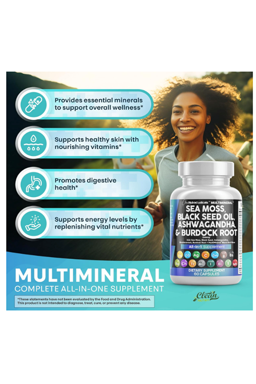 Clean Nutraceuticals (Ösg Özel Sporcu Gıdaları) Sea Moss Black Seed Oil 60 Capsul Turmeric Bladderwrack Burdock  Vıtamın C+ D3 Elderberry Manuka Dandelion .Abd Menşei.