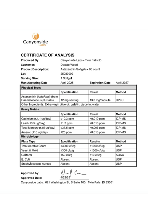 Double Wood Astaxanthin 12mg Max Strength (Only Patented Astaxanthin (Astrareal) with  60 Softgel