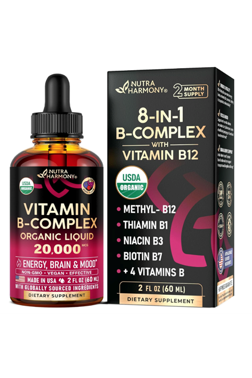 NUTRAHARMONY  Vitamin B-Complex B5 Pantothenic Acid  B12 Methylcobalamin  B1 Thiamine  B6 Pyridoxine  B7 Biotin  B9 Folic  B3 Niacinamide - B Complex Liquid Drops, Made in USA.