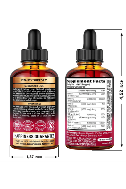 NUTRAHARMONY  Vitamin B-Complex B5 Pantothenic Acid  B12 Methylcobalamin  B1 Thiamine  B6 Pyridoxine  B7 Biotin  B9 Folic  B3 Niacinamide - B Complex Liquid Drops, Made in USA.