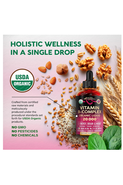 NUTRAHARMONY  Vitamin B-Complex B5 Pantothenic Acid  B12 Methylcobalamin  B1 Thiamine  B6 Pyridoxine  B7 Biotin  B9 Folic  B3 Niacinamide - B Complex Liquid Drops, Made in USA.