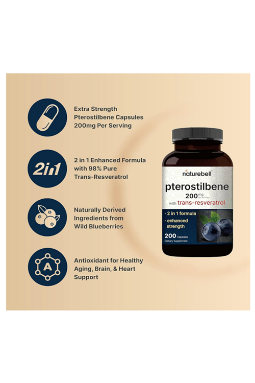 NATUREBELL Pterostilbene with 98% Trans-Resveratrol, 200mg Per Serving, 200 Capsules.Abd Menşei.52