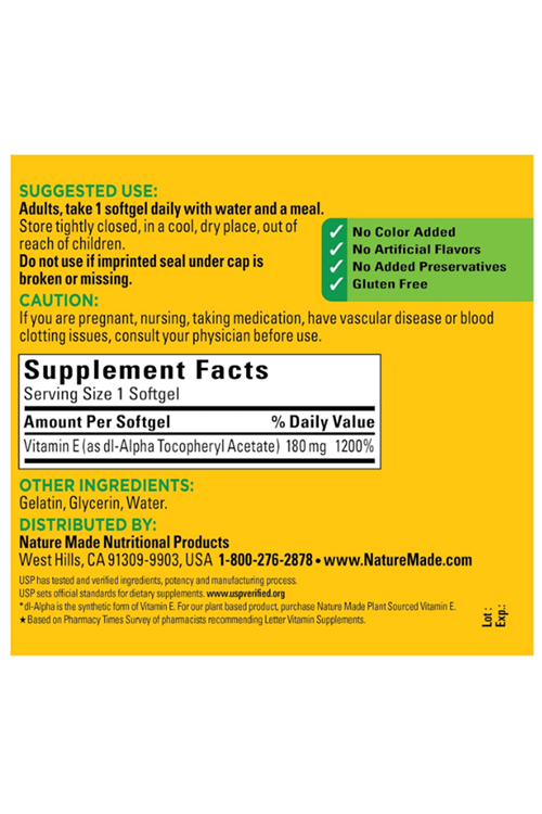 Nature Made Vıtamın E 180 mg (400 IU) dl-Alpha, Dietary Supplement for Antioxidant Support, 300 Softgels.Abd Menşei