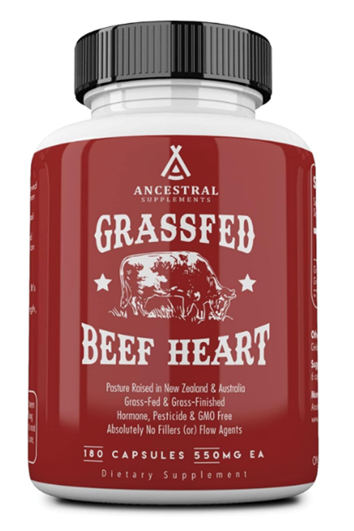 Ancestral Supplements Grass Fed Beef Heart  3300mg, CoQ10 and Mitochondrial Health, Non-GMO, 180 Capsules