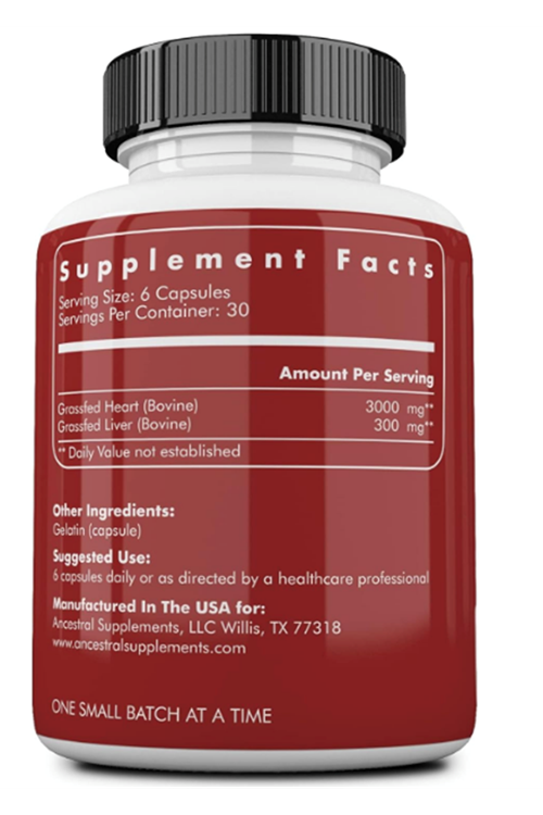 Ancestral Supplements Grass Fed Beef Heart  3300mg, CoQ10 and Mitochondrial Health, Non-GMO, 180 Capsules