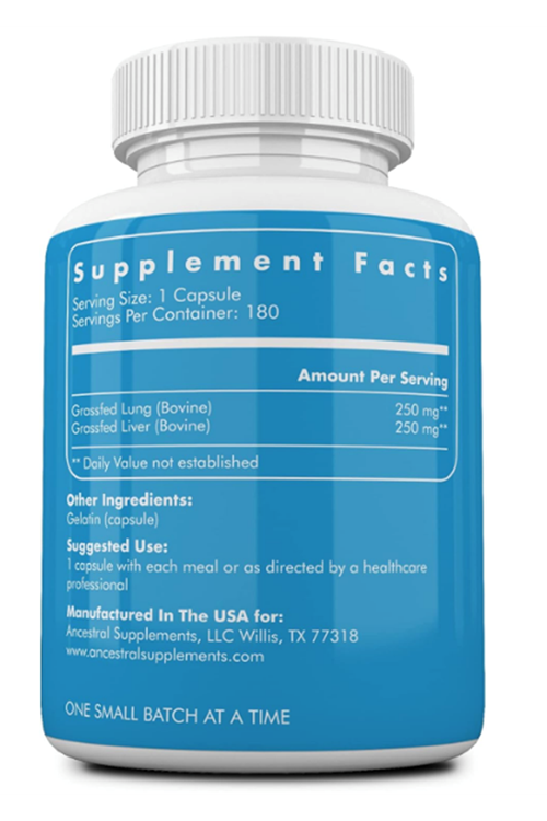 Ancestral Supplements Grass Fed Beef Lung, 500mg, Lung and Liver, Respiratory, Vascular, and Circulatory Health, Non-GMO, 180 Capsules