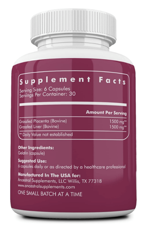 Ancestral Supplements Grass Fed Placenta, Contains Postpartum Promotes, Stem Cells Support Skin Elasticity, 180 Capsules