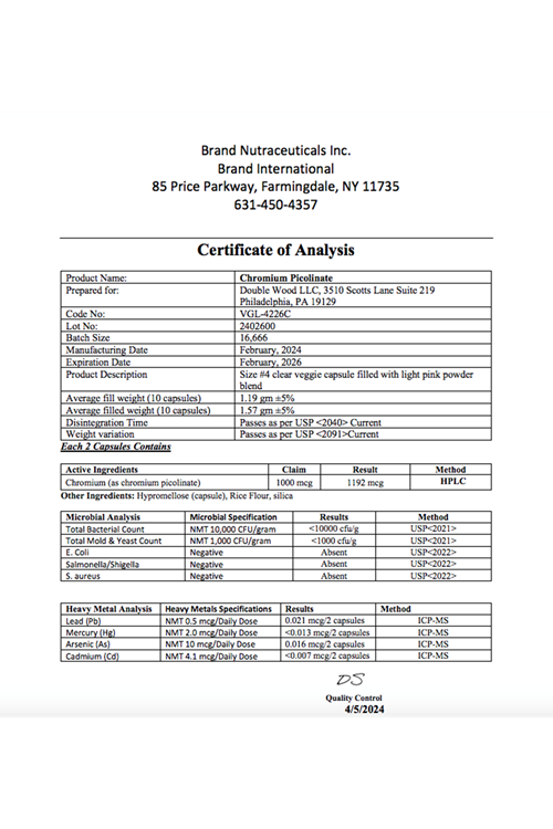 Double Wood Chromium Picolinate 1000mcg 300 Capsul.Abd Menşei