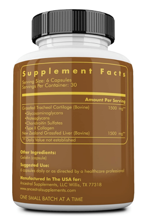Ancestral Supplements Grass Fed Beef Tracheal Cartilage with Liver, 3000mg, 180 Capsules