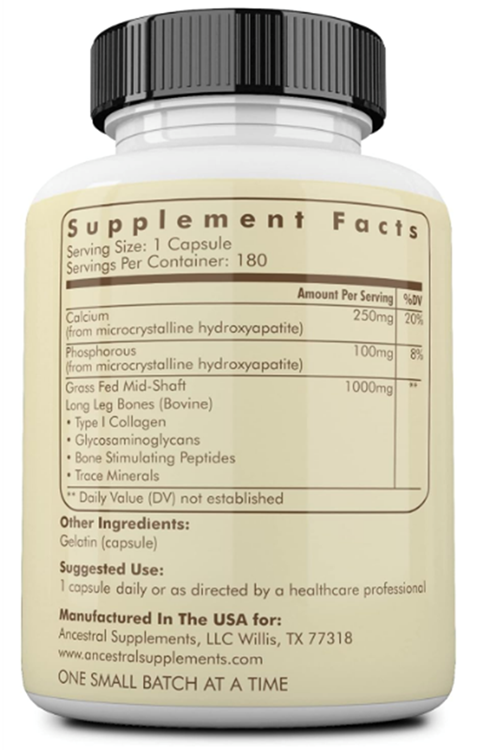 Ancestral Supplements Grass Fed Beef Living Bone, Bone Meal  Bone Health,Joint Health and Flexibility, 180 Capsules