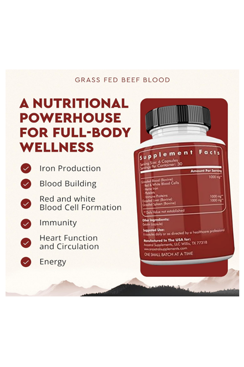 Ancestral Supplements Grass Fed Blood is Blood, Liver  Spleen Formula, 500mg Red  White Blood Cell Formation, Immune and Heart Health Support, 180 Capsul.Abd