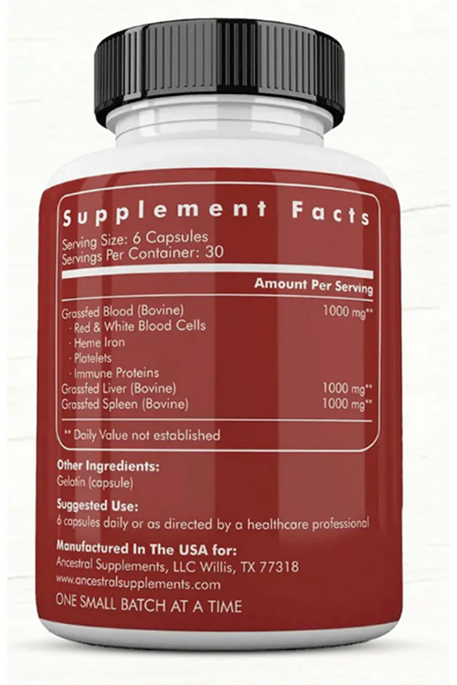 Ancestral Supplements Grass Fed Blood is Blood, Liver  Spleen Formula, 500mg Red  White Blood Cell Formation, Immune and Heart Health Support, 180 Capsul.Abd