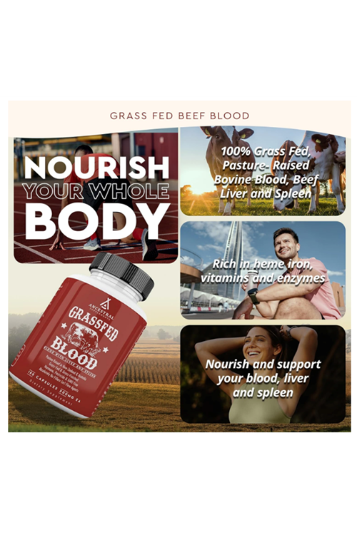 Ancestral Supplements Grass Fed Blood is Blood, Liver  Spleen Formula, 500mg Red  White Blood Cell Formation, Immune and Heart Health Support, 180 Capsul.Abd