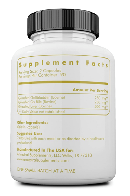 Ancestral Supplements Grass Fed Beef Gallbladder with Ox Bile and Liver, 1000mg, Complex Promotes Digestive 180 Capsul.Abd.76