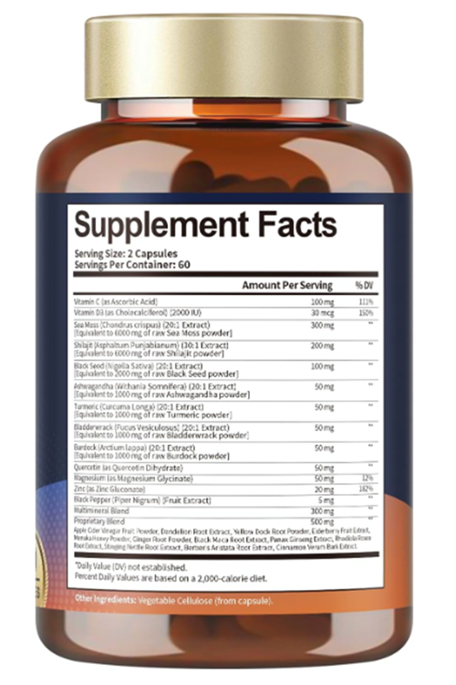 Totaria Healt 25-in-1 Sea Moss Black Seed Oil Ginger Shilajit with Bladder Burdock Ceylon Cinnamon Berberine ACV Manuka VIT C  D3, 120 Caps.Abd Menşei.