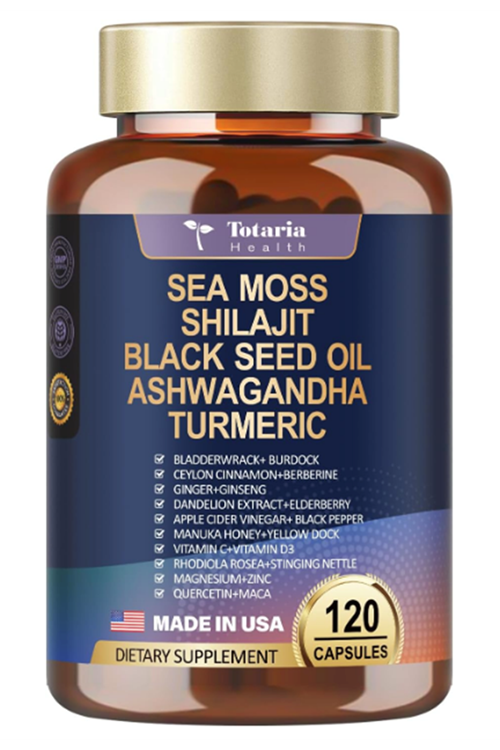 Totaria Healt 25-in-1 Sea Moss Black Seed Oil Ginger Shilajit with Bladder Burdock Ceylon Cinnamon Berberine ACV Manuka VIT C  D3, 120 Caps.Abd Menşei