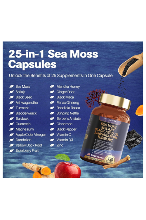 Totaria Healt  Sea Moss Black Seed Oil Ginger Shilajit with Bladder Burdock Ceylon Cinnamon Berberine ACV Manuka VIT C  D3, 120 Caps.Abd Menşei.45.