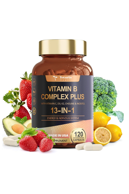 Totaria Healt B Complex Plus with Vitamin B1, B2, B3 (Niacinamide), B4, B5, B6, B7 (Biotin), B8 (Inositol), B9 (Folate), B12, C, D3, K2 - Energy, Nerve, Immune, Skin Support - 120 Vegan Capsules.Abd Menşei.