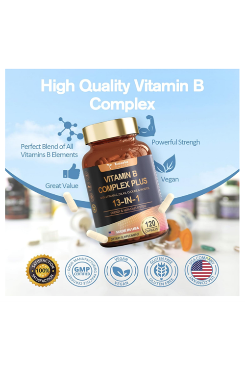 Totaria Healt B Complex Plus with Vitamin B1, B2, B3 (Niacinamide), B4, B5, B6, B7 (Biotin), B8 (Inositol), B9 (Folate), B12, C, D3, K2 - Energy, Nerve, Immune, Skin Support - 120 Vegan Capsules.Abd Menşei.