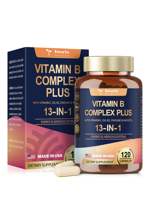 Totaria Healt B Complex Plus with Vitamin B1, B2, B3 (Niacinamide), B4, B5, B6, B7 (Biotin), B8 (Inositol), B9 (Folate), B12, C, D3, K2 - Energy, Nerve, Immune, Skin Support - 120 Vegan Capsules.Abd Menşei.