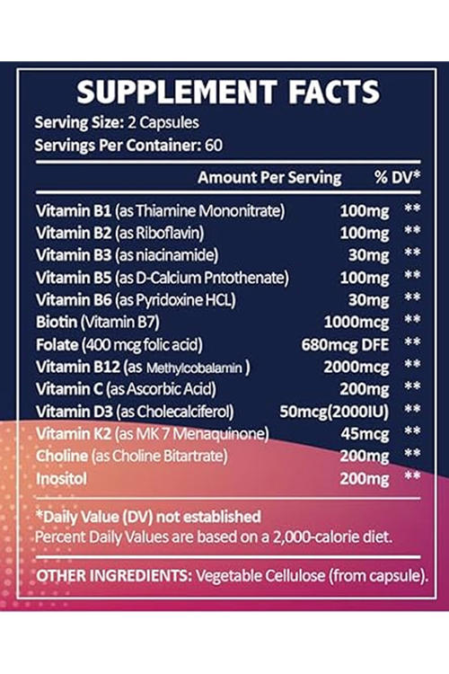 Totaria Healt B Complex Plus with Vitamin B1, B2, B3 (Niacinamide), B4, B5, B6, B7 (Biotin), B8 (Inositol), B9 (Folate), B12, C, D3, K2 - Energy, Nerve, Immune, Skin Support - 120 Vegan Capsules.Abd Menşei.