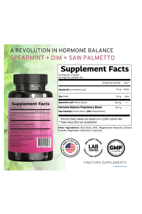 VINATURA Spearmint Leaf- Enhanced with DIM  Saw Palmetto, for Unwanted Hair, Women' Health  Skin *USA Made Tested- 1380mg  60 Capsul.Abd