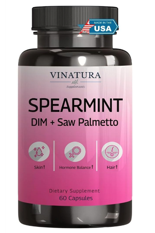 VINATURA Spearmint Leaf- Enhanced with DIM  Saw Palmetto, for Unwanted Hair, Women' Health  Skin *USA Made Tested- 1380mg  60 Capsul.Abd