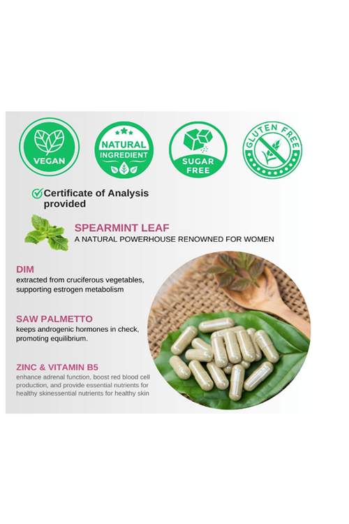 VINATURA Spearmint Leaf- Enhanced with DIM  Saw Palmetto, for Unwanted Hair, Women' Health  Skin *USA Made Tested- 1380mg  60 Capsul.Abd