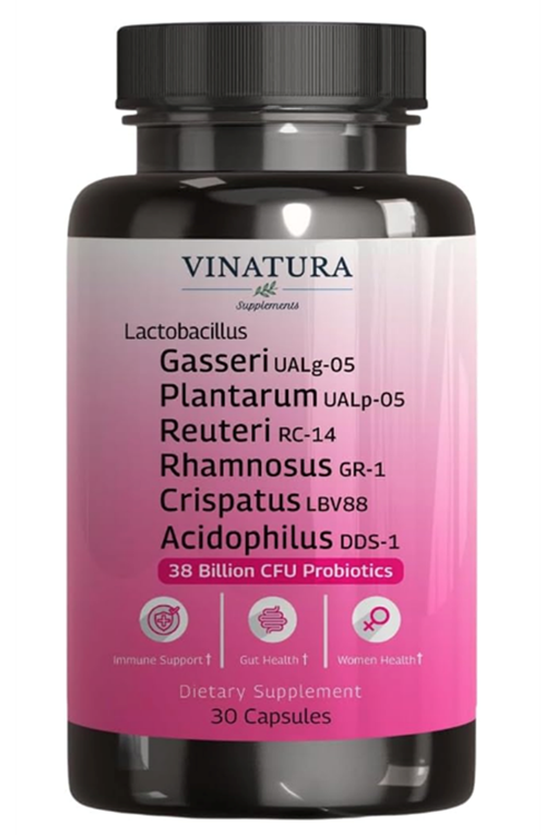 VINATURA Lactobacillus Rhamnosus, Reuteri, Gasseri, Plantarum, Crispatus, Acidophilus Probiotics - 38 Billion CFU *USA Made  Women Probiotic 30 Capsul.Abd