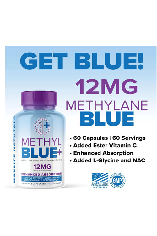 Maxlife Naturals Methylene Blue  12mg  with Enhanced Absorption Vitamin C Ester +  Glycine + NAC Longevity - 60 Capsul.Abd.44.