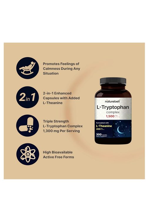 NatureBell L Tryptophan 1300mg with L Theanine 200mg, 300 Capsul.Abd46