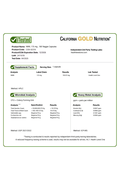 California Gold Nutrition NMN 175mg  180 Veggie Capsul.Abd Menşei.