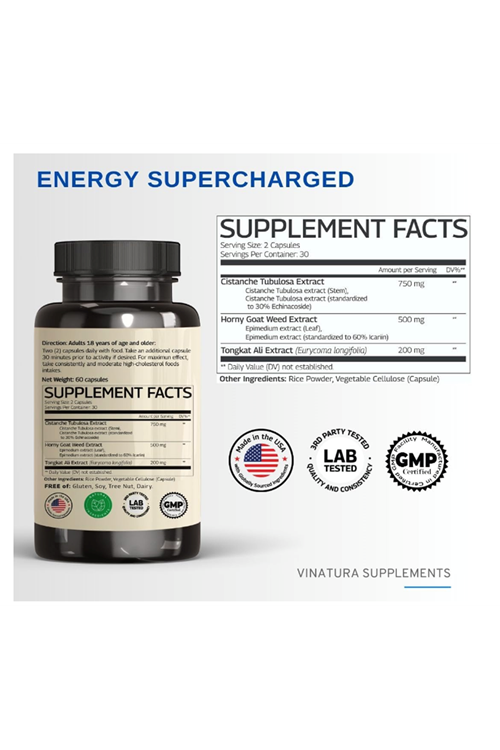 VINATURA Cistanche with Horny Goat Weed  TongkatAlı 1250mg   Energy, Strength Cognitive  60 Capsules.Abd Menşei.52.