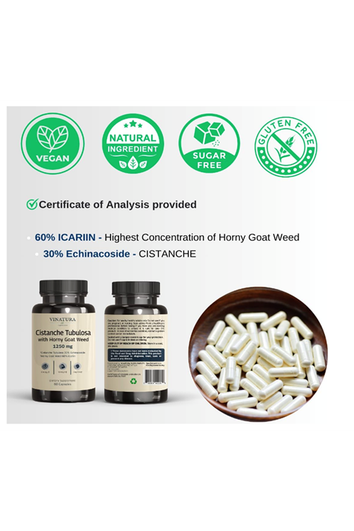 VINATURA Cistanche with Horny Goat Weed  TongkatAlı 1250mg   Energy, Strength Cognitive  60 Capsules.Abd Menşei.52.