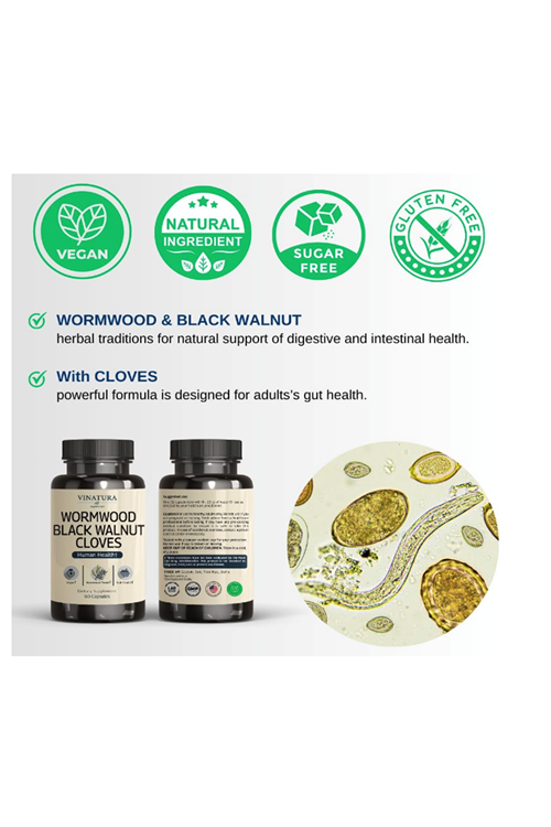 VINATURA Wormwood Black Walnut Clove- Cleanse, Detox, Intestinal Guard Formula, with Wormwood herb, Black Walnut Extract Combination, 60 Capsul.Abd Menşei
