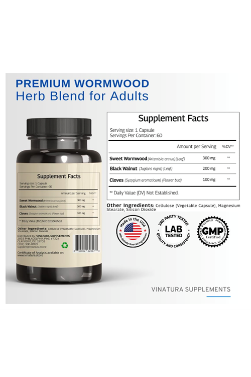 VINATURA Wormwood Black Walnut Clove- Cleanse, Detox, Intestinal Guard Formula, with Wormwood herb, Black Walnut Extract Combination, 60 Capsul.Abd Menşei